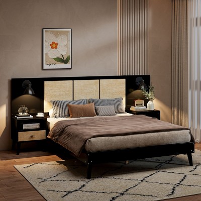 Queen Size Solid Wood Bed Frame With 2 Nightstands And Lamps,Bedroom Sets Queen,Bedroom Sets Furniture -Maison Boucle