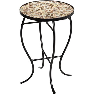 Teal Island Designs Modern Black Round Outdoor Accent Table 14" Wide Natural Mosaic Tabletop for Porch Patio Home House Entryway