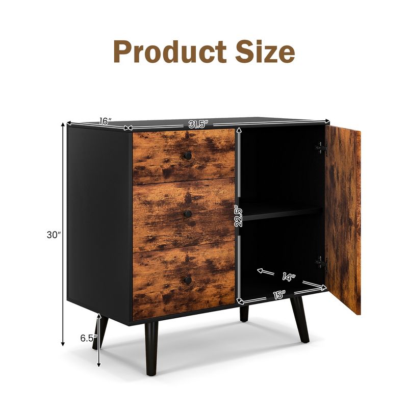 Costway Mid-Century Rustic Storage Cabinet Multipurpose Wood Shelf Organizer with 3 Drawers, 3 of 11