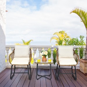 Costway 3PCS Patio Rattan Bistro Set All-Weather Cushioned Chair Table White - 1 of 4