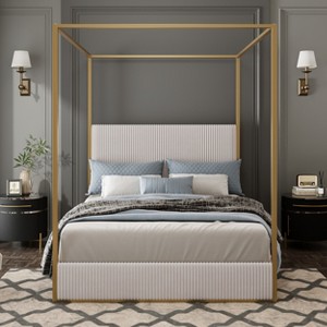 Queen/King Size Canopy Bed Metal 4-Poster Bed Frame with Tall Corduroy Upholstered Headboard, Beige+Gold/Black+White-ModernLuxe - 1 of 4