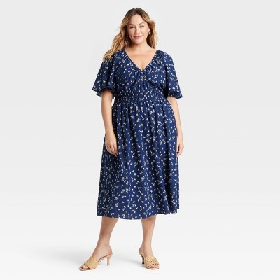 Women's Flutter Short Sleeve Midi A-Line Dress - Ava & Viv™ Navy Blue Floral 1X