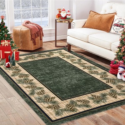 5x7 Christmas Pine Cones Area Rug, Washable, Ultra-Thin, Non-Slip Backing, Stain-Resistant Carpet for Living Room/Bedroom/Laundry, Green