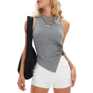 EXLURA Women's Summer Sleeveless High Neck Tank Tops Sexy Twist Knot Asymmetrical Hem Shirts - 1 of 4