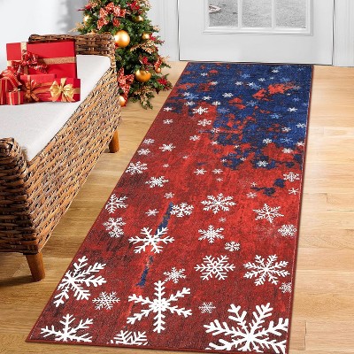 2x8 Red/Blue Indoor Christmas Rug, Washable Low Pile Non-Shedding Floor Mat, Rubber Backing, Foldable Carpet for Living Room Bedroom Kitchen