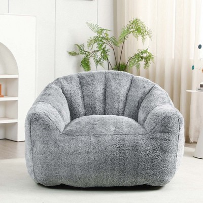 Angel Sar Faux Fur Gray Bean Bag Chairs for Adults with Armrests, Shell-Shaped Bean Bag Chairs for Kids with Stuffed High-Density Foam
