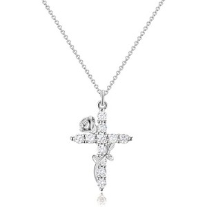14K Gold Plated Crown Cross Pendant Necklace Non Tarnish Religious Gift C Flower Cross, Silver - 1 of 4
