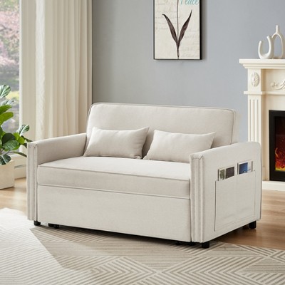DOMETOUR Modern Linen Loveseat Sofa for Living Room Bedroom, Convertible Sleeper Bed Double-Seater Sofa with 2 Lumbar Pillows