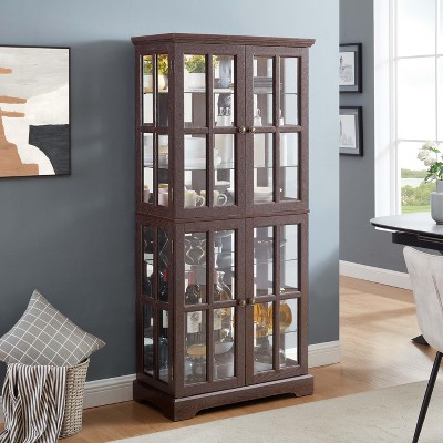 Vynxaria Antique Glass High Cabinet: Grid Doors, Adjustable Shelves, Integrated Lighting for Books/Collectibles