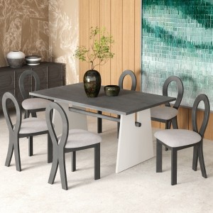 7-Piece Dining Table Set with Trestle Dining Table and 6 Upholstered Dining Chairs, Compact Kitchen Table Set for 6, Grey - 1 of 3