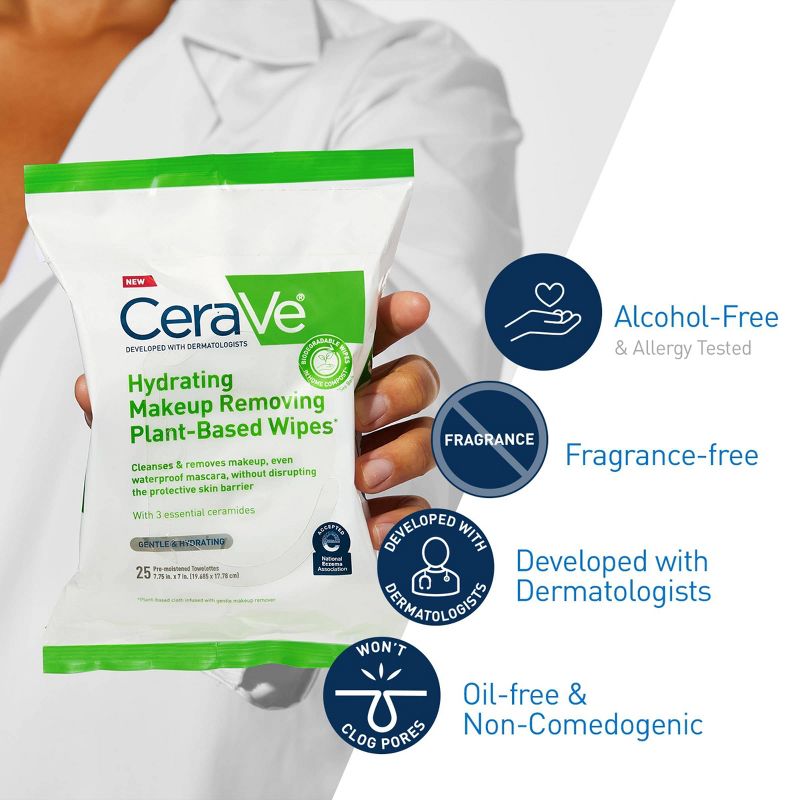CeraVe Hydrating Makeup Remover Wipes, Plant Based Facial Cleansing Wipes for Sensitive Skin, Fragrance-Free - 25ct, 4 of 21