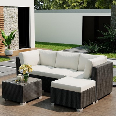 5 Pieces Outdoor Patio Furniture Set, Rattan Wicker Conversation Sofa Set with Cushion and Glass Table for Porch, Backyard, Beige