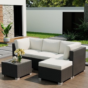 5 Pieces Outdoor Patio Furniture Set, Rattan Wicker Conversation Sofa Set with Cushion and Glass Table for Porch, Backyard, Beige - 1 of 4