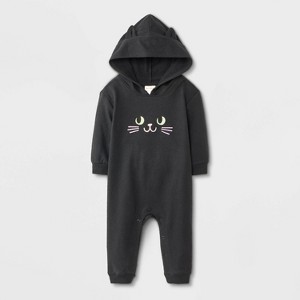 Baby Halloween Cat Hooded Romper - Cat & Jack™ Black - 1 of 4