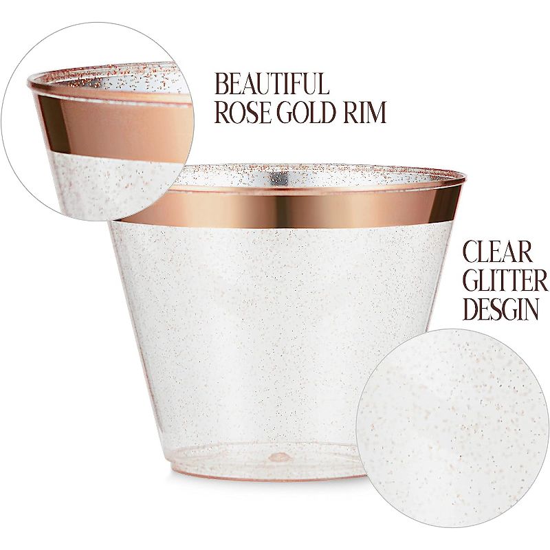 Chateau Glasses 100 Rose Gold Cups 9Oz - Rose Gold Glitter With A Rose Gold Rim - Premium Disposable Party Cups, 4 of 7