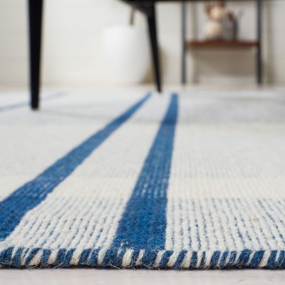 Blue and Beige Striped Wool 4' x 6' Area Rug