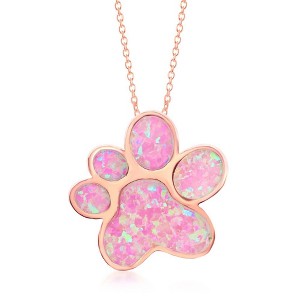 Opalata Sterling Silver Pink Inlay Opal Paw Print 18" Pendant Necklace - Rose Gold Plated - Rose - 1 of 2