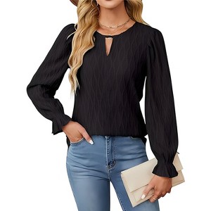 Womens Crew Neck Long Sleeve Top Smocked Front Business Ladies Casual Blouses Tunic - 1 of 4