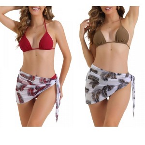 INSPIRE CHIC Women's Triangle Halter High Cut Thong Leaf Print Cover Up Skirt Swimwear Bathing Bikini Suits 2 Sets - 1 of 4