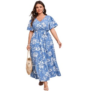 Whizmax Plus Size V Neck Wrap Maxi Dress for Women High Waist Short Sleeves Casual Floral Summer Dress with Belt - 1 of 4