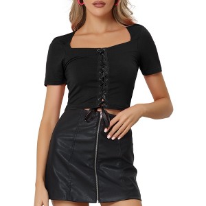 Allegra K Women's Lace Up Square Neck Short Sleeve Casual Crop Tops - 1 of 4