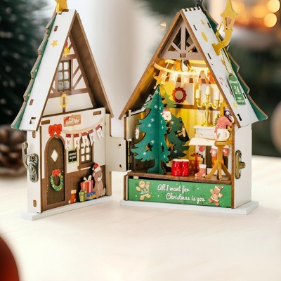 Robotime 3D Puzzles Miniature Dollhouse Kits for Adults,Mini House Toy Building Kit, Twinkling Christmas House, Multicolor, 9.06"*7.56"*2.17"