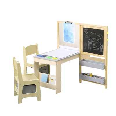 Kids Art Table Set with Easel,Toddler Drawing Table with Double-Sided Blackboard/Whiteboard/Large Storage Desk/Art Supply, Kids Painting Desk