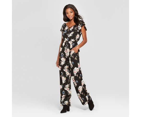 Womens Floral Print Ruffle V Neck Tie Front Jumpsuit Xhilaration