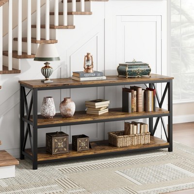 55 Inch Entryway Table, Narrow Long Console Table with Storage, 3 Tier Wood Sofa Table for Living Room