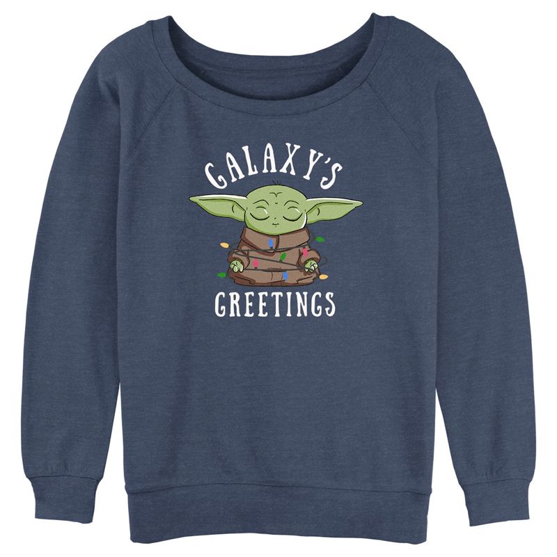 Juniors Womens Star Wars: The Mandalorian Christmas Grogu Galaxy's Greetings Sweatshirt, 1 of 5