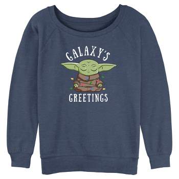 Juniors Womens Star Wars: The Mandalorian Christmas Grogu Galaxy's Greetings Sweatshirt