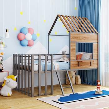 Metal Twin Size Loft Bed with Roof, Windows, Railing and Ladder - ModernLuxe