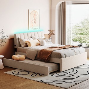 Okak Platform Bed Frame with Upholstered and LED Lights No Box Spring Needed Teddy Fleece Bed with Trundle - 1 of 4