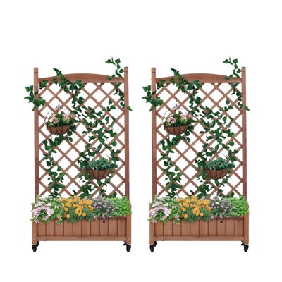 VisioGear 2PCS Raised Garden Bed with Trellis, Outdoor Wooden Planter Box & Plant Stand with Climbing Racks, Brown, 25"*11"*42.3"