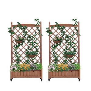 VisioGear 2PCS Raised Garden Bed with Trellis, Outdoor Wooden Planter Box & Plant Stand with Climbing Racks, Brown, 25"*11"*42.3" - 1 of 4