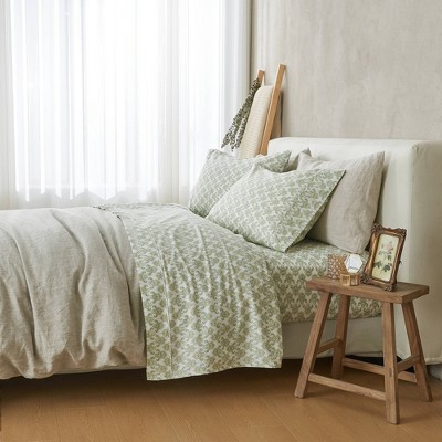Full White and Green Cotton Percale Floral Sheet Set