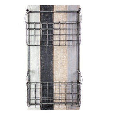 24" x 12" x 6.3" Double Pocket Wire Metal & Wood Wall Storage Basket & Mail Organizer - American Art Decor