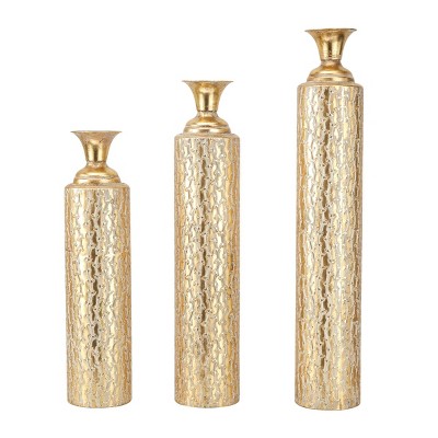Set of 3 Metal Tall Distressed Metallic Vase with Growing Vine Pattern Gold - Olivia & May: Luxury Glam Decor, Indoor Amphora Vases