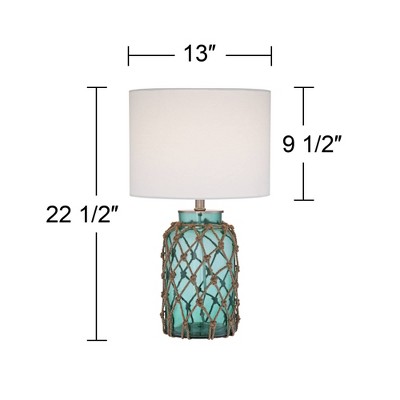 Coastal Blue Glass Bottle Table Lamps with Off-White Fabric Shades, Set of 2