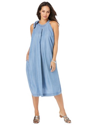 Jessica London Women's Plus Size Denim Tie-Neck Dress