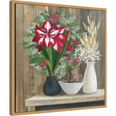 Natural Holiday Floral Still Life Canvas Print with Maple Frame