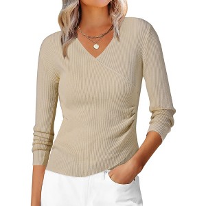 INSPIRE CHIC Women's V-Neck Knitted Ruched Button Decor Long Sleeve Slim Fit T-shirt - 1 of 4