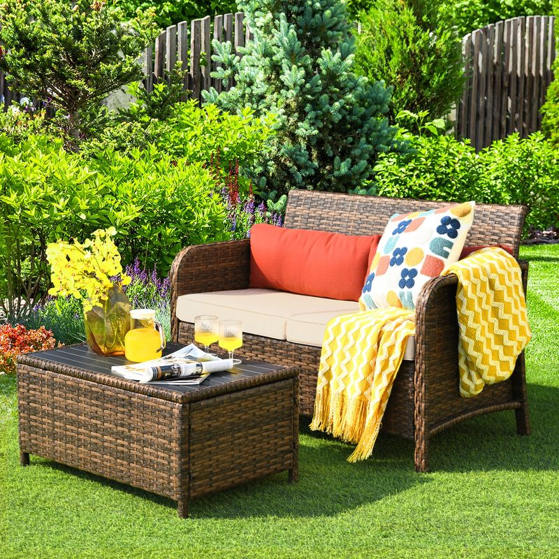 Costway 2PCS Patio Rattan Furniture Set Cushioned Loveseat Table Garden Deck, 2 of 11