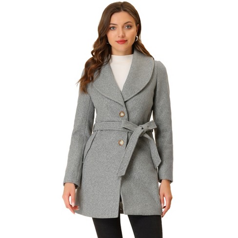 Unique Bargains Women's Shawl Collar Lapel Belted Winter Coat with Pockets  