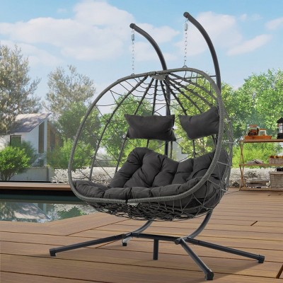 2 Person Outdoor Patio Swing Egg Chair with Stand,Indoor PE Rattan Wicker Hanging Egg Chair,Outdoor Basket Chair with Dark Gray Cushion-Coolbibila