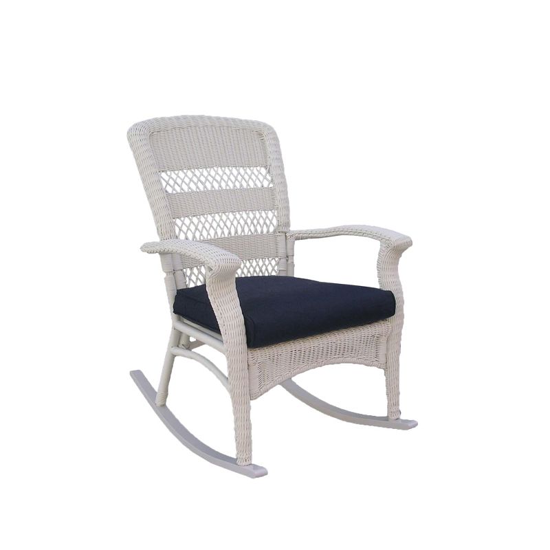 Northlight 42" White Resin Wicker Rocker Chair with Blue Cushion, 1 of 4