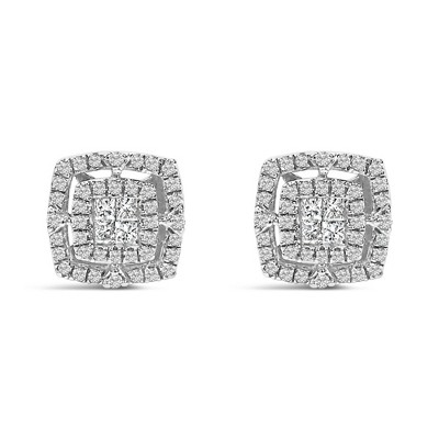 .925 Sterling Silver 1/4 Cttw Diamond Double Halo Cushion Shaped Stud Earrings