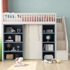 Full Size Loft Bed with Storage Staircase, Bookshelves, and Privacy Curtain, Solid Wood Frame, White and Blue Finish - 3 of 4