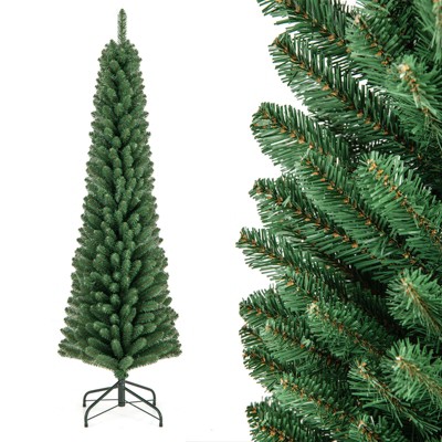 Tangkula 5/6/7/8 FT Artificial Christmas Tree Pencil Xmas Tree with Memory Wire Branch Tips & Upgraded Metal Stand
