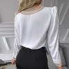Women's Stylish Lace - Trimmed Solid Color Blouse with V - Neck and Three - Quarter Sleeves, Perfect for Any Occasion - 3 of 3